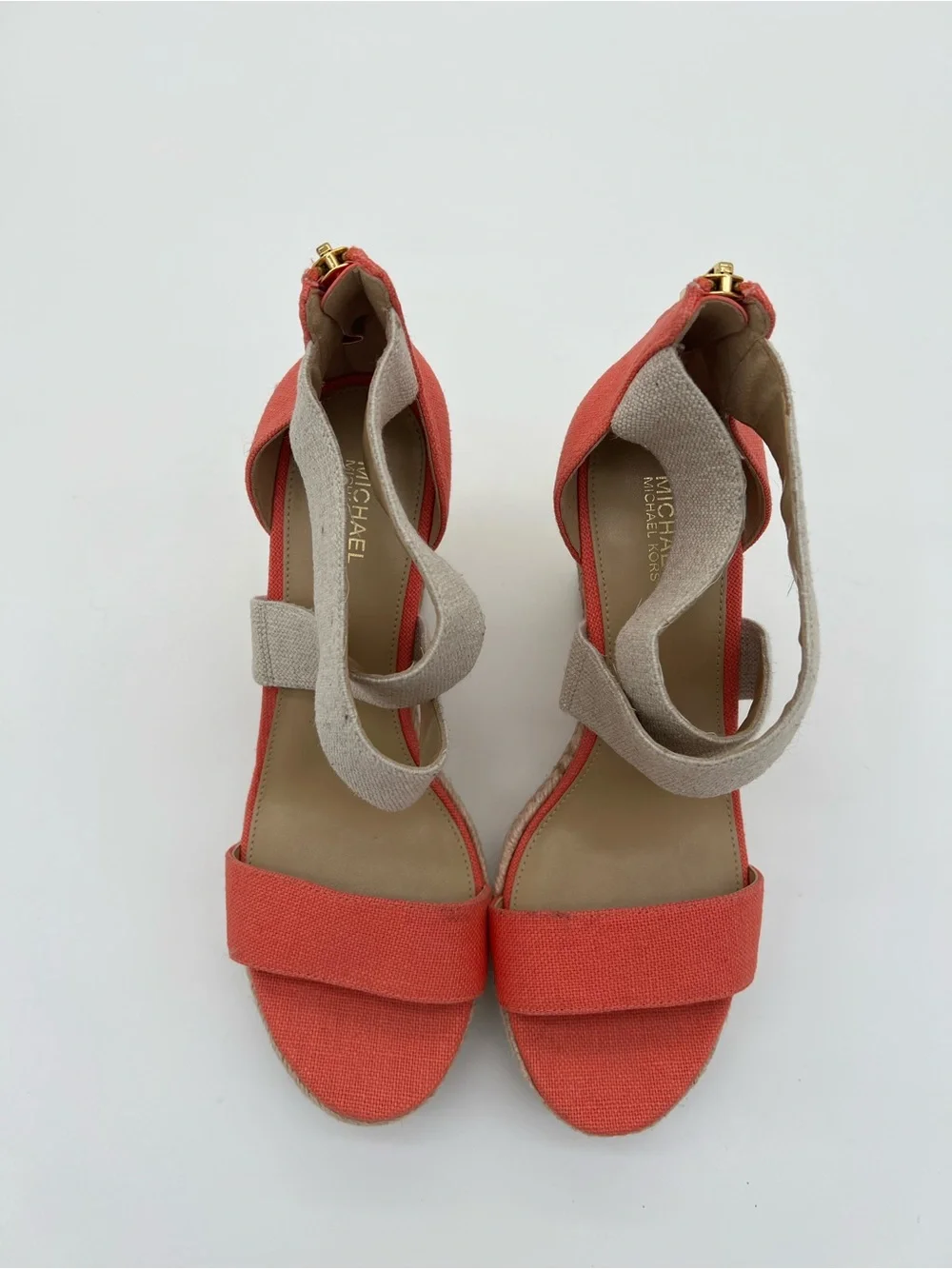 Michael Kors Coral and Natural Canvas Espadrille Wedge Sandals size 7.5